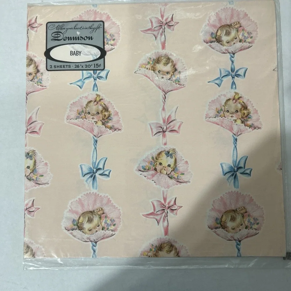 VINTAGE WRAPPING PAPER- NEW BABY, BABY SHOWER, CHILD GIFT, 7 Packs Dennison
